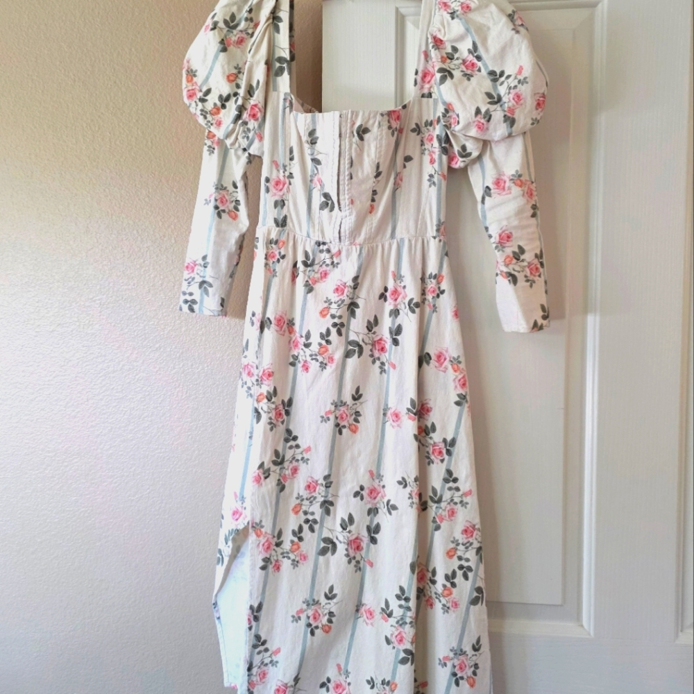 For Love & Lemons Linen Blend Leg of Mutton Sleeve Rose Stripe Midi Dress Small